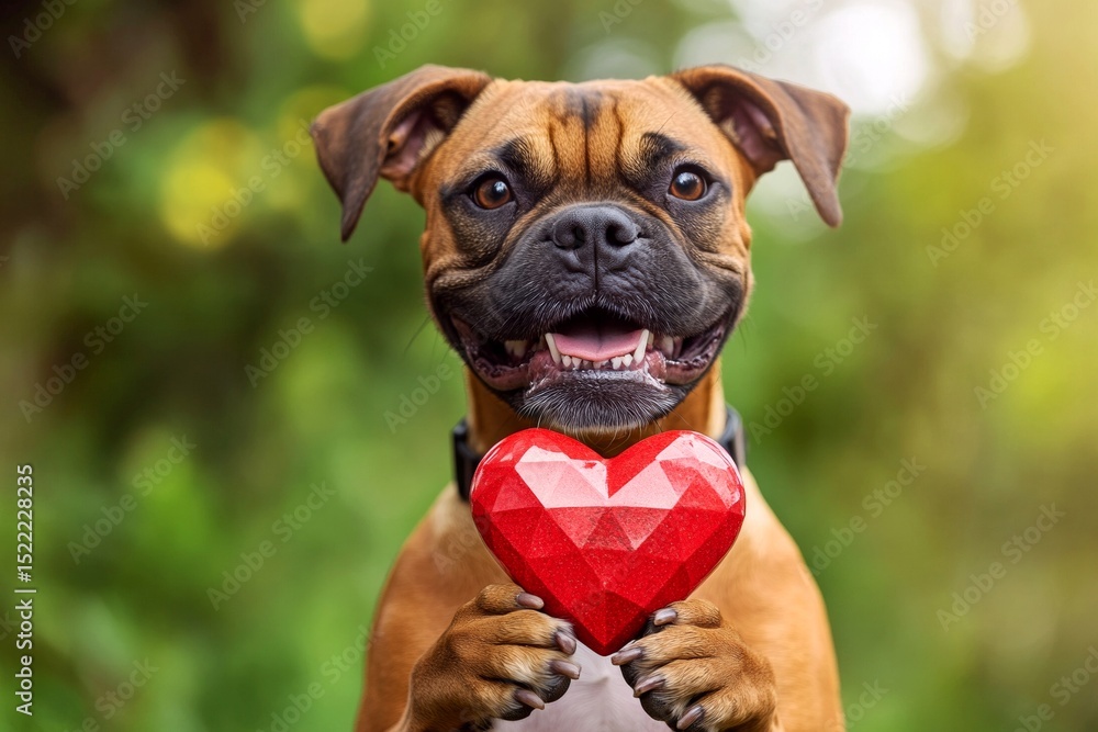 Fototapeta premium Cute boxer doggy with diamond red heart on a walk in a spring green space. Promotion critter creative graphic design art. Boxer - my cherished dog, symbol of friendship. Pet valentine idea.