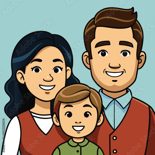 Family portrait, father, mother, child, smiling happily, showing love and joy.