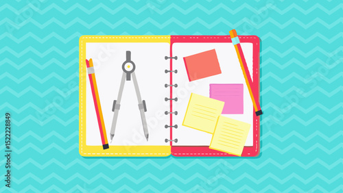 Open Notebook with Compass Pencils and Sticky Notes School Supplies Planner Journal Stationery Education Study