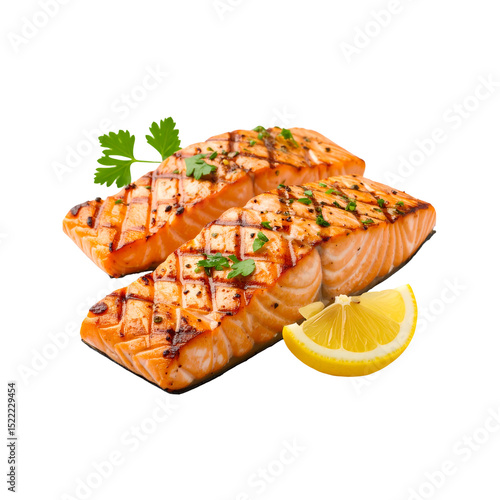 Delicious grilled salmon filets with lemon and parsley on transparent background