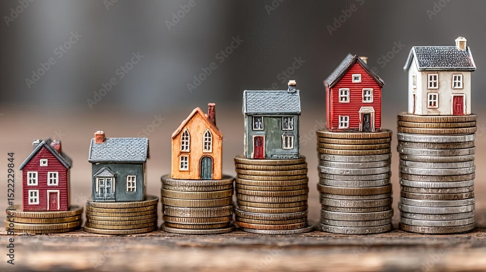 Fototapeta premium Miniature houses on coins representing financial growth.