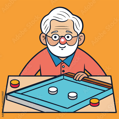 Senior citizen playing a game of carrom, strategizing and enjoying leisure.