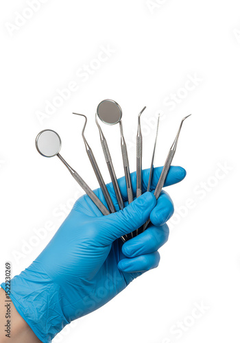 Dental Tools in Gloved Hand Instruments for Oral Health in Transparent