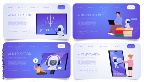 AI in education landing page design vector set, students with smartphones, computer online studying with robotic chatbot