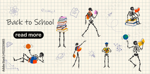 Web page design template. Playful Cartoon Skeletons with School Supplies. Back to school	
