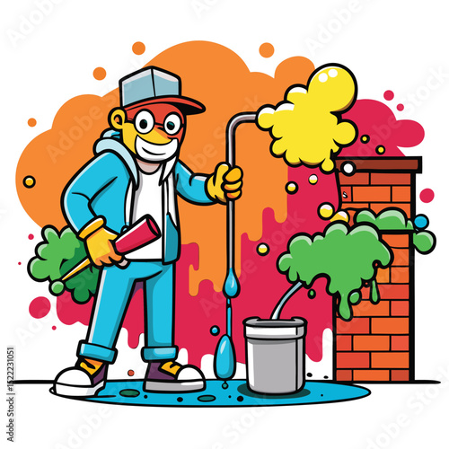 Street artist painting a vibrant mural, splatters of color, urban art.