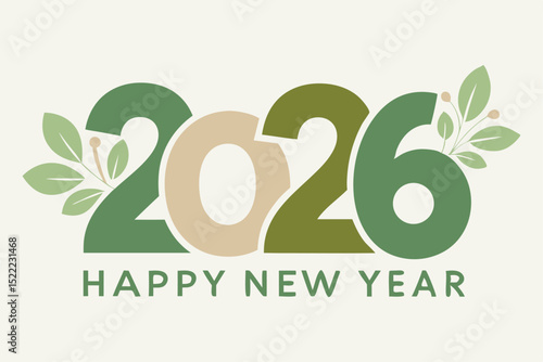 Happy New Year 2026 Nature Poster – Minimalist White Eco Design with Leaves.