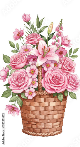 Floral Basket Bouquet with Pink Roses Lilies in Transparent Background