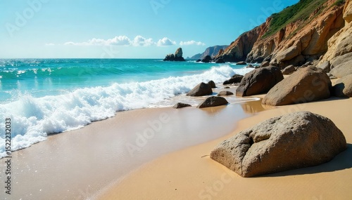 Jagged rocks jut from the sand, pounded by relentless waves , power, stones, waves
