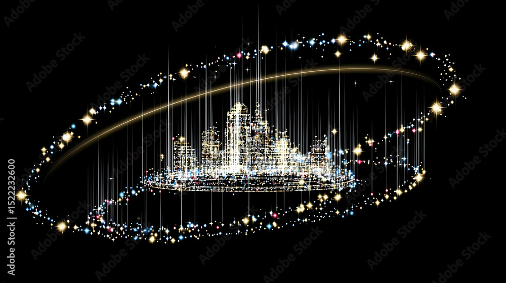 Obraz premium built on energy beams surrounded by spinning rings of light