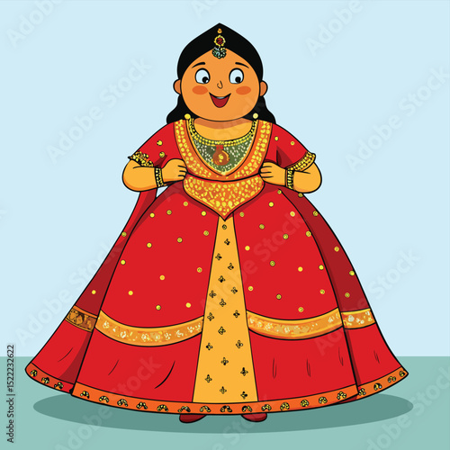 Wedding guest in a lavishly embroidered lehenga, celebrating Indian marriage.