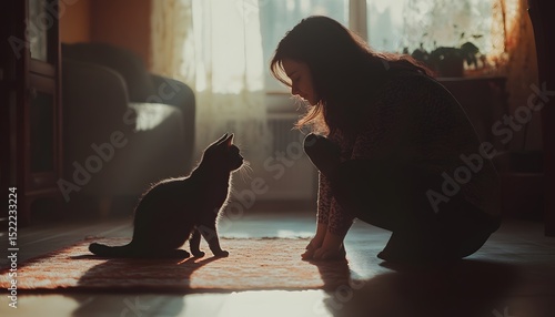 Woman and cat in a sunlit room.