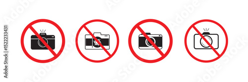 No cameras allowed sign. Red prohibition no camera sign. No taking pictures, no photographs sign.  EPS10