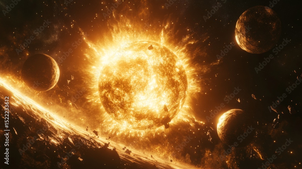 Obraz premium 29.A mesmerizing scene of a magical universe with planets orbiting the sun, all set against a vast, dark space backdrop. Astrology symbols and cosmic energy surround the planets, adding a sense of