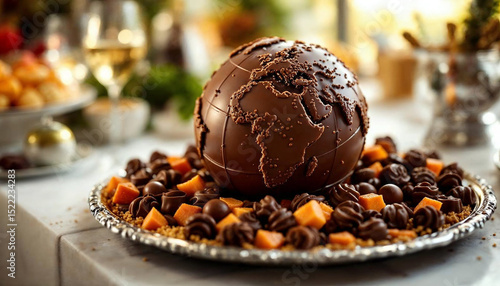 Milk Chocolate World Globe with Intricate Design on Silver Platter at Daytime Dessert Buffet Bright, Textured, Richly Colored Display