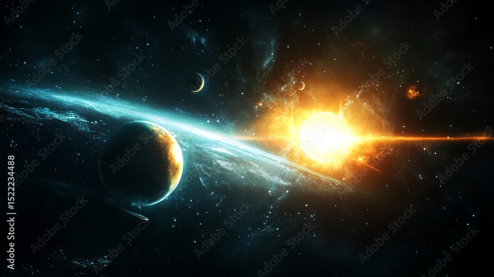 Obraz premium 40.A captivating view of the solar system with the sun illuminating the planets in a perfect alignment. The planets, from Mercury to Neptune, are shown with various atmospheric and surface details,