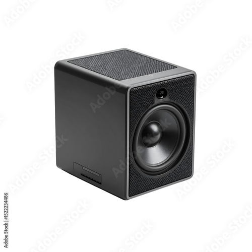 Modern compact black cube speaker audio music system on transparent background