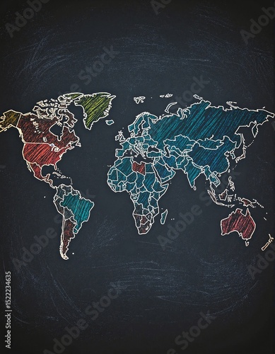 A vibrant chalk drawing of the world map on a blackboard, showcasing colorful continents and oceans, with intricate details and artistic flair.
