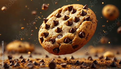 Photorealistic Floating Chocolate Chip Cookie with Detailed Texture Cinematic, Intense Lighting & Dynamic, Dramatic Composition