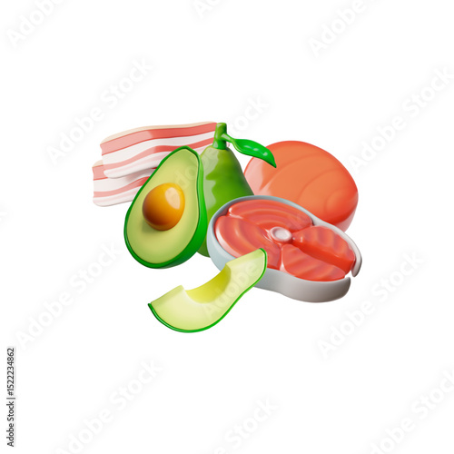 Meat, seafood, vegetables cooking ingredients realistic 3D plastic style, vector natural healthy food composition