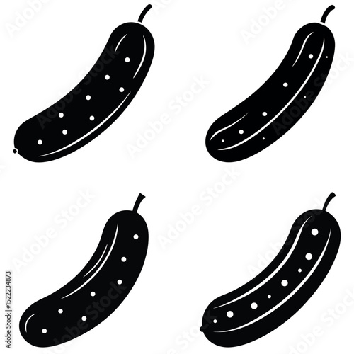 Simple Illustration Four Black and White Stylized Cucumber Images on a White Background