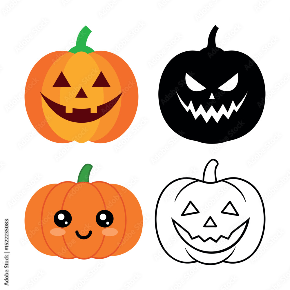 Flat Style Halloween Pumpkin Clipart in Line Art, Vector, Silhouette, and Illustration on White Background Flat Style Halloween Pumpkin Clipart in Line Art, Vector, Silhouette, and Illustration on White Background