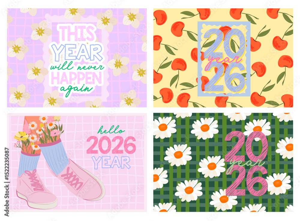 Fototapeta premium Set of vector art prints and posters themed around 2026. Features motivational quotes, cherry and daisy patterns, seasonal elements, and hand-drawn typography. Perfect for wall decor, planners