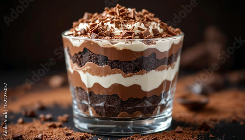 Indulgent Chocolate Layered Dessert in Glass with Cream & Cake Warm Lighting, Decorative Shavings, Dark Background Food Photography