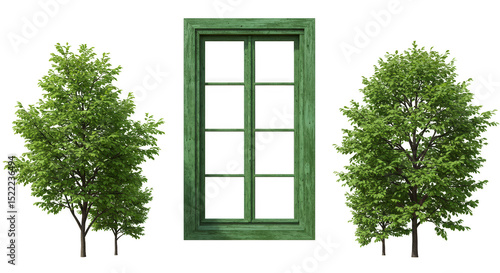 Illustration Green Wooden Window Frame with Green Trees Isolated Cutout
