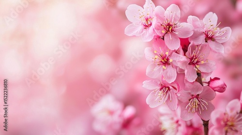 A pink cherry blossom branch with delicate petals and stamens, set against a blurred pink background, evoking a sense of springtime and nature's beauty.