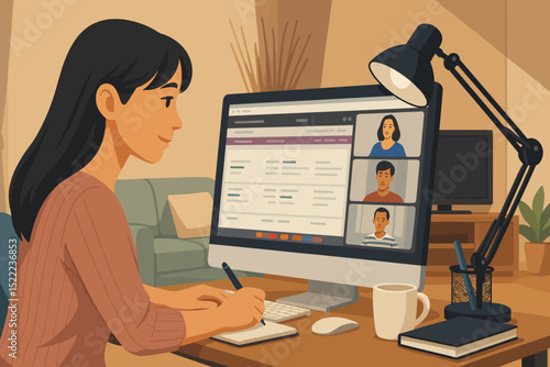 The illustration depicts a young woman working from home. She is seated at a desk, using a desktop computer to attend a virtual meeting. The computer screen shows a video call interface with three