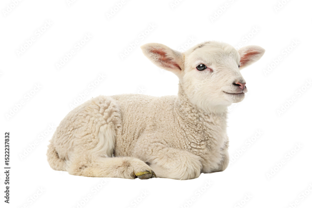 Fototapeta premium White lamb with curly wool lying down in resting position with legs tucked underneath body, isolated on a transparent background