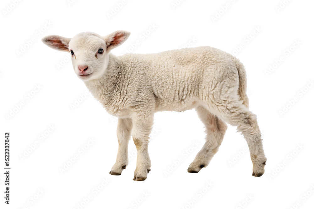 Obraz premium Young white lamb with woolly fleece standing upright showing pink nose and alert ears, isolated on a transparent background