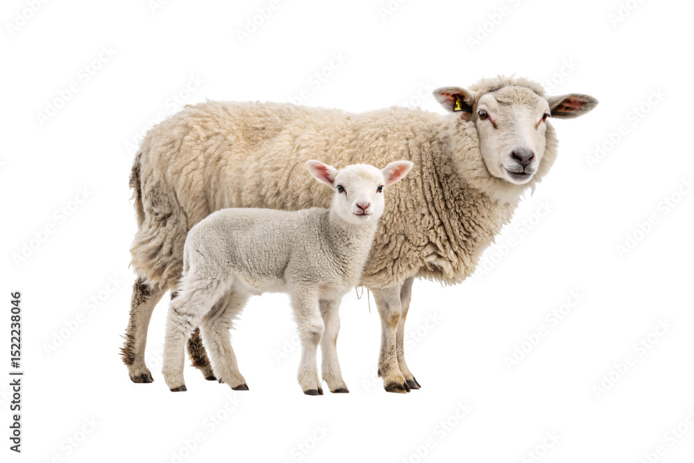 Obraz premium Adult white sheep with thick woolly fleece standing protectively beside small white lamb offspring, isolated on a transparent background