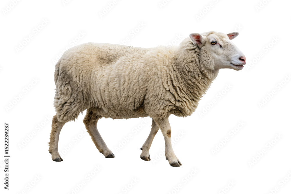 Fototapeta premium White woolly sheep standing in profile view with thick fleece coat, isolated on a transparent background