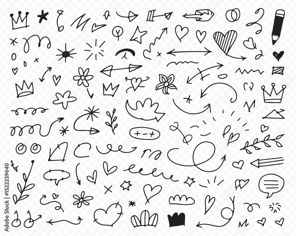 Naklejka premium Hand-Drawn Doodle Arrows, Hearts, Stars, and Scribbles Vector Set Vector