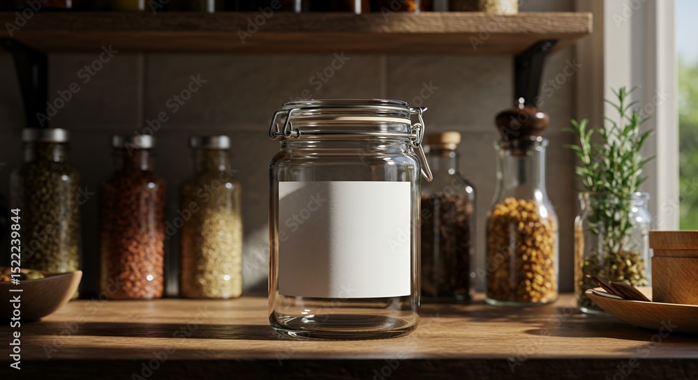 Empty Glass Jar with White Label on Wood Countertop in Kitchen Empty Glass Jar with White Label on Wood Countertop in Kitchen