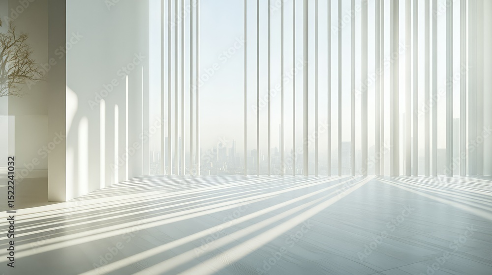 Fototapeta premium Bright and Modern Interior Space with Vertical Blinds, Soft Light and Cityscape View through Large Windows, Ideal for Contemporary Design and Architecture Concepts