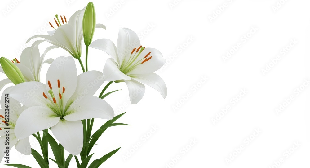 Fototapeta premium Blooming White Lilies Still Life Against White Backdrop