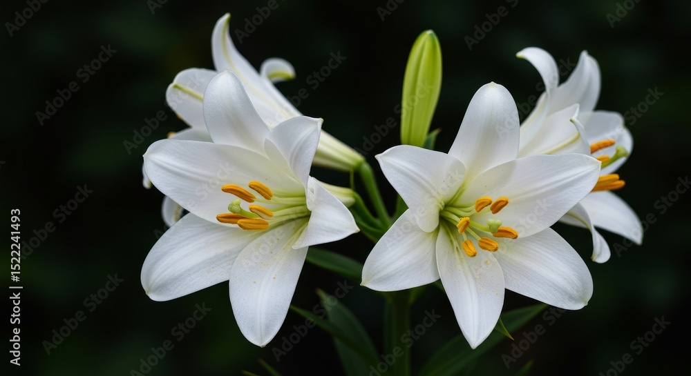 Fototapeta premium Blooming White Lily Flowers with Yellow Pollen Close Up