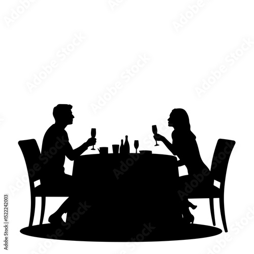 Silhouettes enjoying a festive dinner with champagne, New Year's celebration