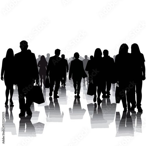 Silhouettes of shoppers walking in crowded retail space, consumerism