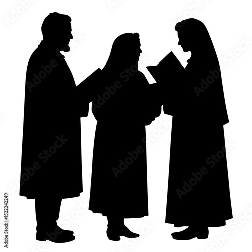 Silhouette of Christmas carolers holding songbooks, festive tradition