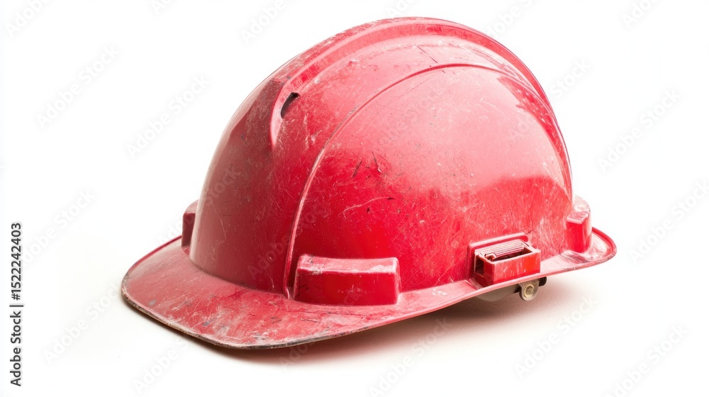 Fototapeta premium A red hard hat with dirt and grime on it, isolated on a white background.