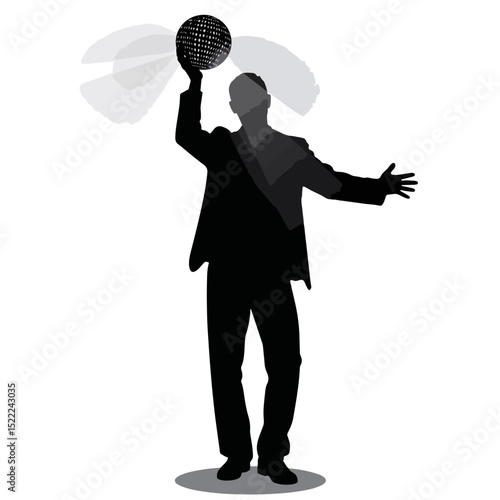Dancing silhouette holding disco ball against white background, celebration