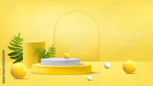 3D podium for summer product. Yellow display with leaves. Stand in room design. Background realistic stage for product presentation, pastel template for empty platform. Vector modern minimal mockup