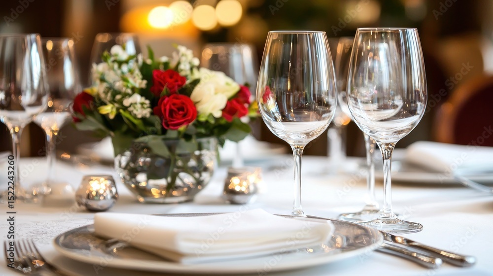 A meticulously arranged dining table with a vase of flowers, wine glasses, and neatly folded napkins. A meticulously arranged dining table with a vase of flowers, wine glasses, and neatly folded napkins.