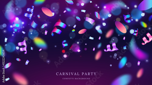 Confetti background. Carnival party. Purple ribbon for design banner. Light glitter frame for birthday holiday. Explosion sparkle gift. Rainbow serpentine hologram particles. Vector celebration Purim