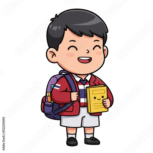 Illustration of Smiling Schoolboy with Backpack and Book on Transparent Background