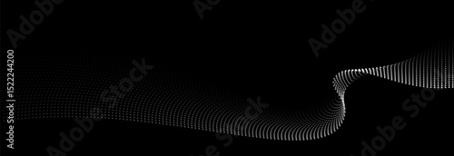 Flowing dots particles wave pattern white light gradient smooth curve shape isolated on black background. Vector in concept of technology, science, music, modern.